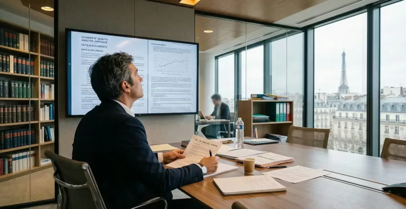 Avocat analysant un dossier juridique sur grand écran dans une salle de réunion