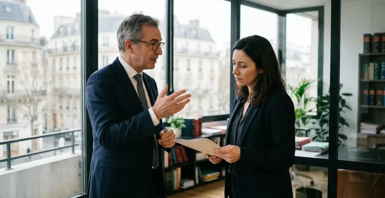 Avocat français discutant avec un client dans un cabinet moderne parisien