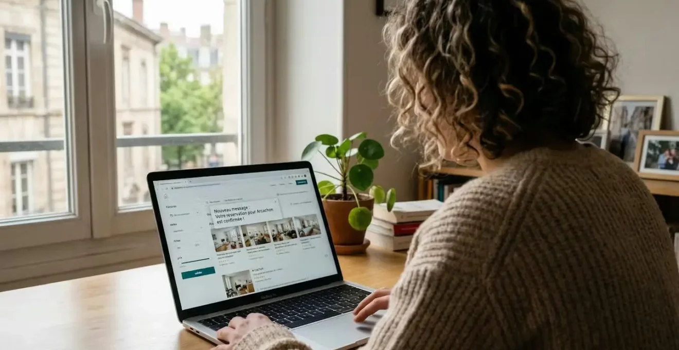 Personne consultant une notification de plateforme locative sur ordinateur