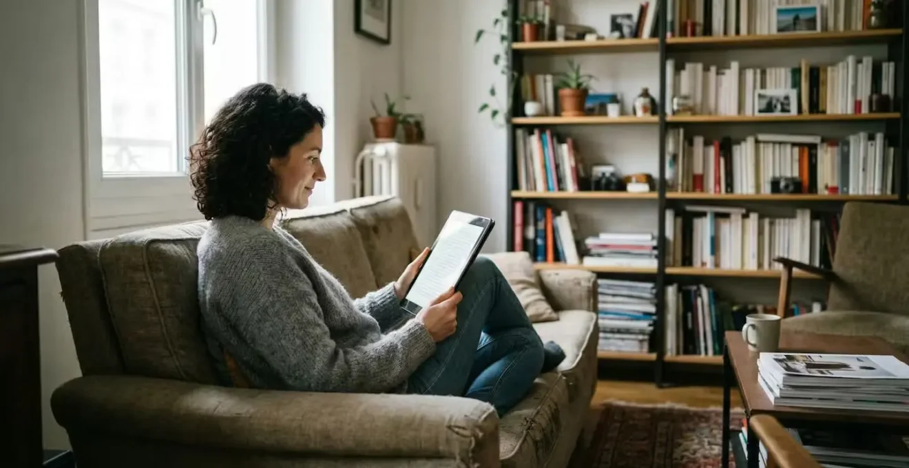 Personne lisant des conditions contractuelles sur tablette dans un salon
